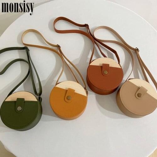Monsisy 2021 Small Coin Purse and Handbag For Women Wallet Kid Crossbody Bag Vintage PU Leather Wood Round Girl Boy Shoulder Bag