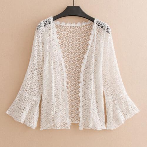 2021 Women New Hollow Out Crochet Lace Cardigans Women V-neck Open Stitch Casual Elegant Long Sleeve Summer Beach Cardigans L182