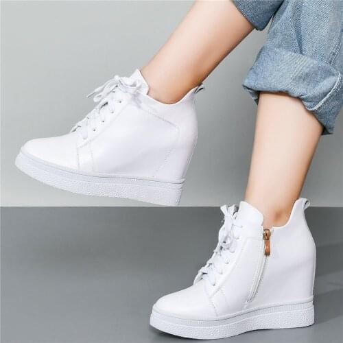 10cm High Heel Fashion Sneakers Women Lace Up Genuine Leather Wedges Ankle Boots Female Round Toe Platform Pumps Casual Shoes