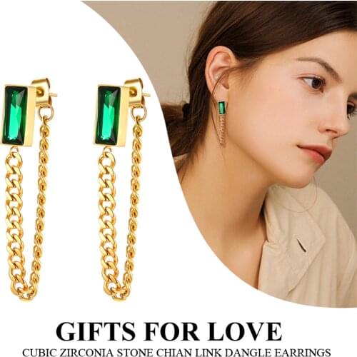 Green Cubic Zirconia Stud with Curb Chain Link Dangle Earrings for Women Drop Chain Hoops Stainless Steel Jewelry