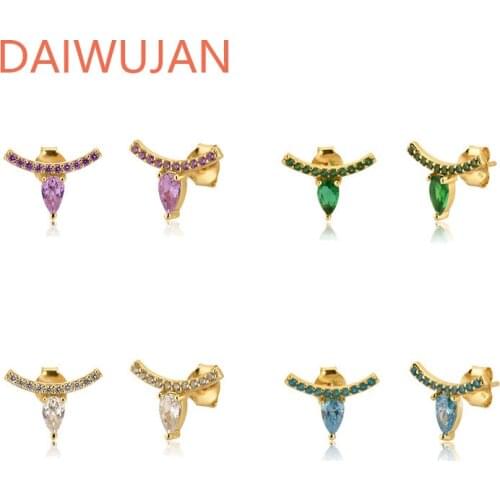 New Trendy 925 Sterling Silver Gem Stud Earrings For Women Purple White Blue Green Water Drop Zircon Piercing Jewelry Pendiente