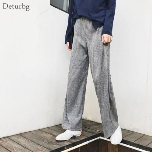 Womens Vintage Knitted Wide Leg Pants Female Korean Casual High Waist Striped Comfortable Pants femme 2020 Fall Winter PA125