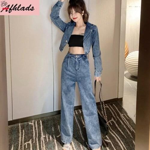 Autumn New Solid Color Denim Two-Piece Sets Turn-Down Collar single-breasted Cardigan Jacket + High Waist Pant Women Outfits