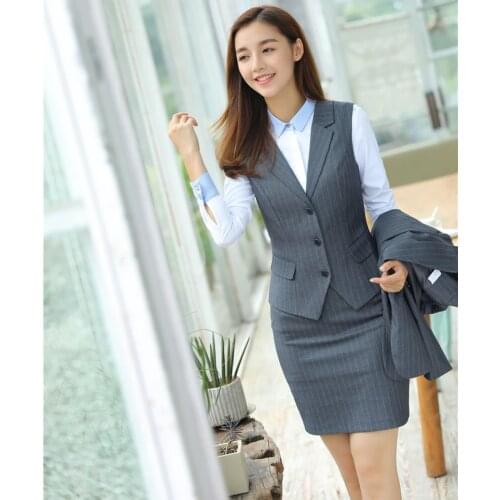 2 Piece Set Women Business Suits with Skirt and Top Sets Grey Vest & Waistcoat Ladies Office Uniform Designs