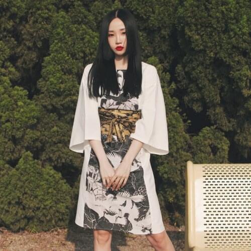 Woman Japanese Kimono Style 2021 NEW Ukiyoe Crane in Night Print Slash neck Dress Loose Mini dress