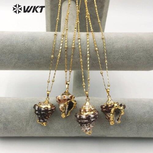 WT-JN069 WKT New Bohemian Natural Black Pattern Shell Pendant Trumpet Shell with Gold Trim Lady Gold Bead Chain Shell Necklace
