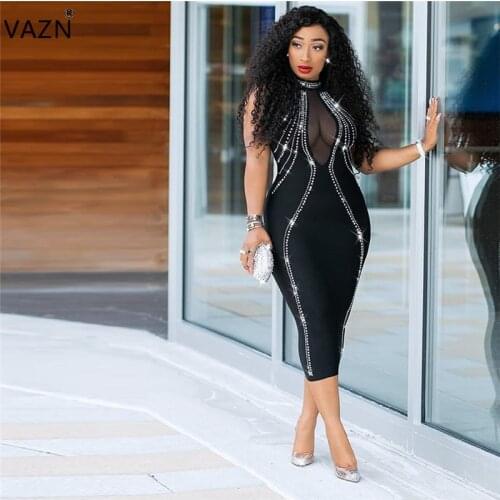 VAZN WNY8805 New Classic Black Hollow out Sexy Club Outspoken Fashion Halter Backless Diamonds Thin High Waist Women Midi Dress