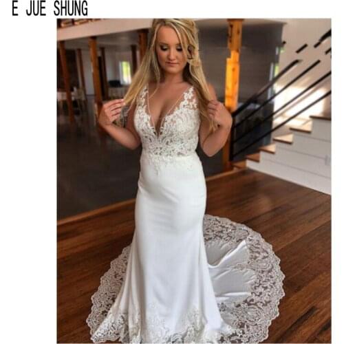 E JUE SHUNG Sexy Mermaid Boho Wedding Dresses V Neck Appliques Backless vestido de noiva Sleeveless Wedding Gowns robe Mariage