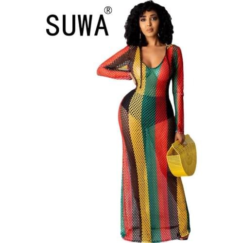 Vintage Print Maxi Dress Women Boho Long Sleeve Hollow Out Dress Deep V Neck Casual Shirt Dresses Robe Streetwear