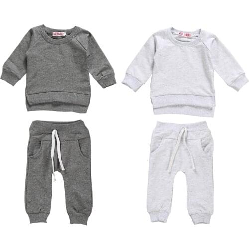 2020 0-18M Infant Autumn Baby Clothing Boys Girls Solid Long Sleeve Sweatshirt Tops+Long Pants Casual 2pcs Cotton Outfits Set