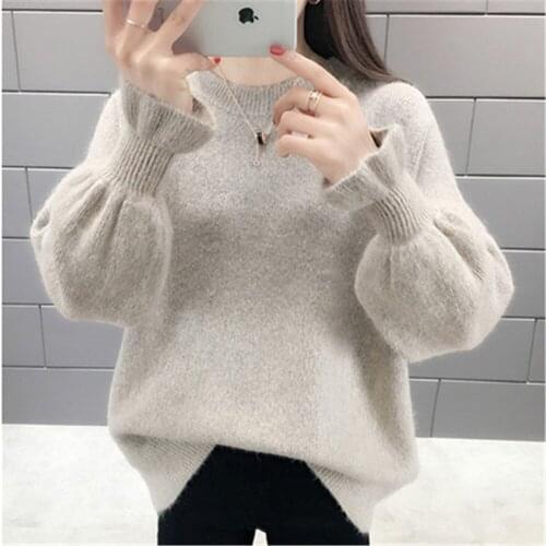 2020 Autumn Winter Korean Women Sweater Casual O Neck Solid Knitted Pullover Loose Flare Sleeve Elegant Sweaters Women ZY5282