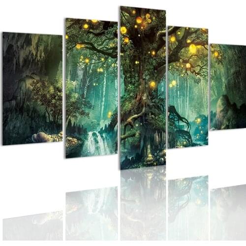 Fairy Forest Tree Modern 5 Panels HD Canvas Painting Posters Wall Art Print Pictures Living Room Interior Home Decor Frame
