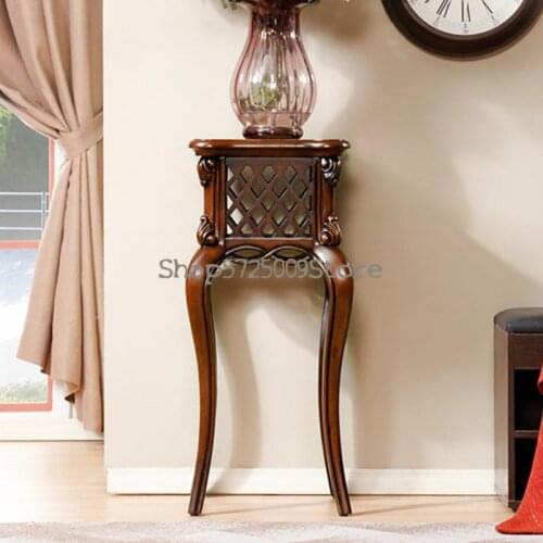 American country solid wood carved balcony flower stand living room retro hollow rack European log flower pot stand flower table
