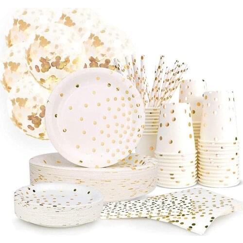 White Gold Paper Party Supplies Disposable Tableware Plates Dinnerware Sets Golden Dots Napkins for Birthday Wedding Christmas
