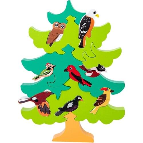 Wooden Tree Jigsaws Puzzles for Kids, DIY 3D Stacking Puzzle Blocks Bird Tree Toys, Balance Educational Toys