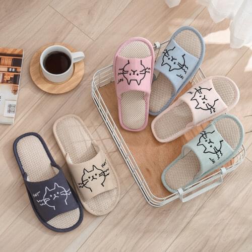 Indoor Women Hemp Cat Slides House Couples Hemp Flax Slippers Cartoon Cats Bedroom Breathable Flat Ladies Shoes Non-slip
