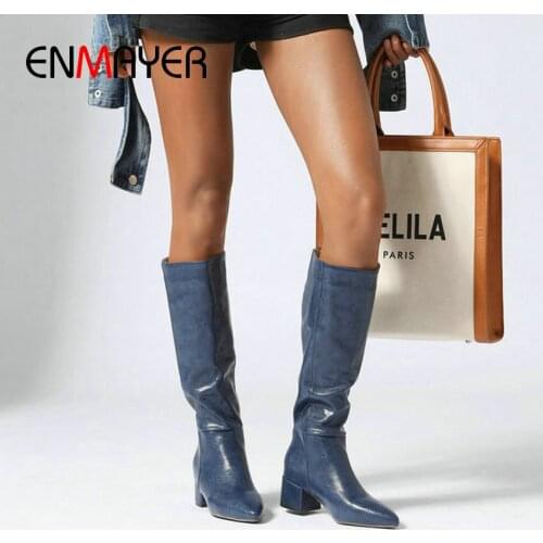 ENMAYER 2020 Mid-Calf Women Boots Sexy Slip-On Square Heel Snake Pattern Pointed Toe Rain Boots Women Short Plush Women Shoes