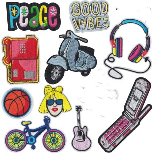 Headset Guitar Mobile Phones Motorcycles Bicycle Peace Sign Hippie Boho Retro Flower Love Hippy Applique Iron-on Music Patch