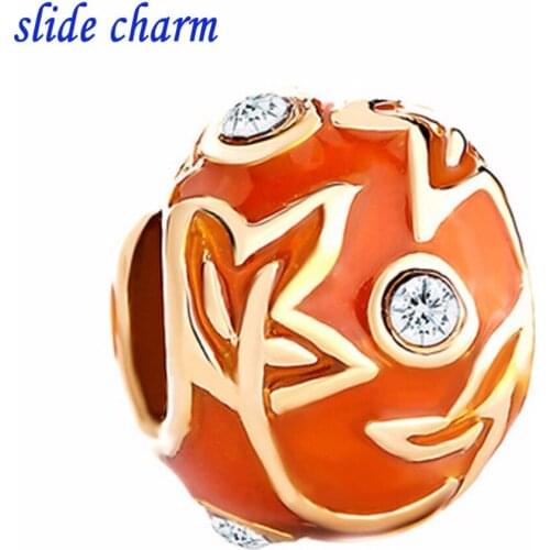 Slide charm Free shipping white crystal orange maple leaves egg enamel charm beads fit Pandora bracelet
