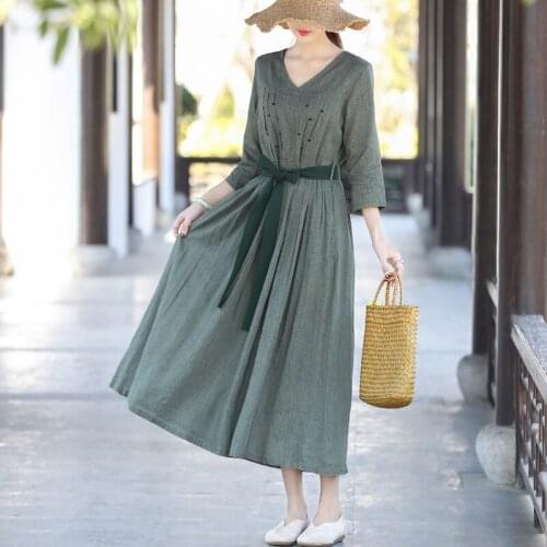 Johnature Women Cotton Linen Dresses V-Neck Three Quarter Sleeve Embroidery Belt Clothes 2021 Spring Summer Solid Color Dress