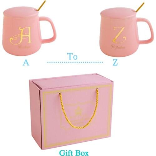 Coffee Cup Pink Mug Gift Set for Best Friend Daughter Gift Cute Coffee Mugs with Lid &Spoon 26 Letters Custom Mug Drinkware