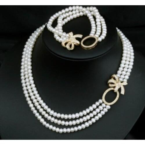 3ROWS 9-10 MM ROUND WHITE PEARL NECKLACE 18"-20"&BRACELET 8INCH