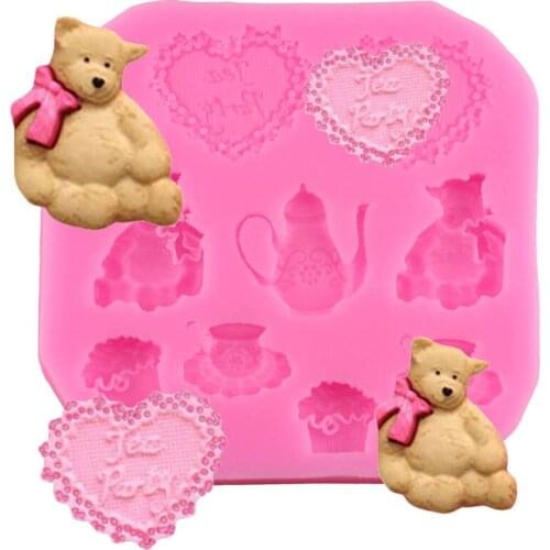 Cartoon Bear Love Silicone Mold Baby Birthday Fondant Cake Decorating Tools Chocolate Gumpaste Molds Clay Candy Resin Moulds