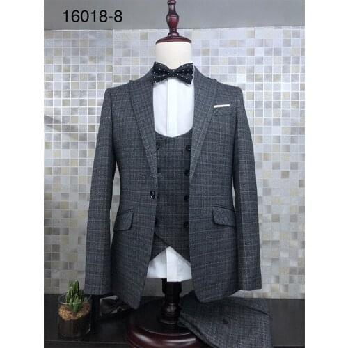 2021 DARK WOOL GRAY SMALL GRID ONE BUTTON THREE-PIECE SUIT FOR Mens White Check on Grey Retro Smart Tailored Fit Vintage Suit