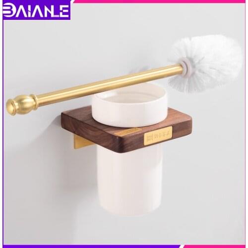 Toilet Brush Holder Set Ceramic Cup Brass Wood Toilet Brush Holder Bathroom Clean Cleaning Brush Wall Mounted Bathroom Hardware