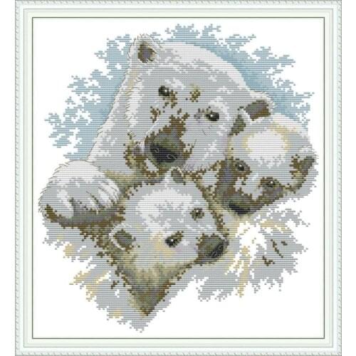 Joy Sunday Polar Bear Family DMC Cross Stitch Set Children Handmade DIY Embroidery Needlework Kit for Gift and Home Decoration