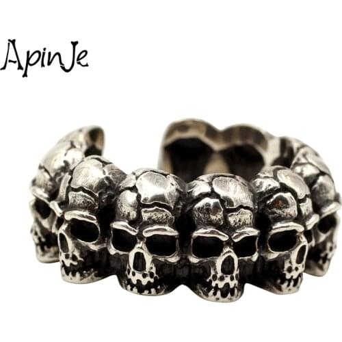 Apinje Vintage Personality 925 Sterling Silver Open Ring for Men Gothic Many Skull Head Thick Rings Man Real Silver Punk Jewelry