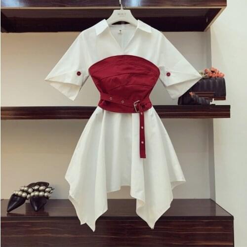 Spring summer new irregular v-neck dress women white short-sleeved shirt dress a-line