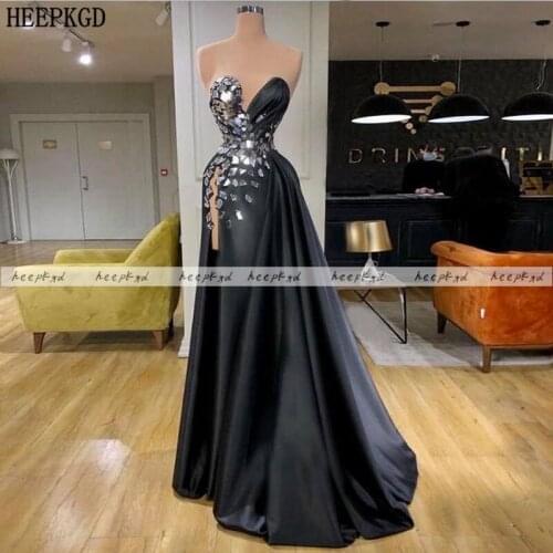 Sexy Black Long Prom Dresses With Big Crystal High Slit Sweetheart Shiny Satin Plus Size Formal Occasion Dress Customize