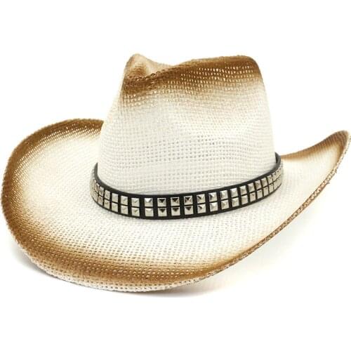 Brown Spray Paint Men Women Large Brim Beach Straw Hat Cap Summer Sun Visor Cap Jazz Formal Top Hat Cowboy Hats with Belt Rivet