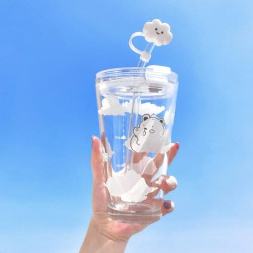 Cloud Bear Glass Water Cup Student Female Ins Simple Straw Cup Simple and Cute Summer Korean Breakfast Cup