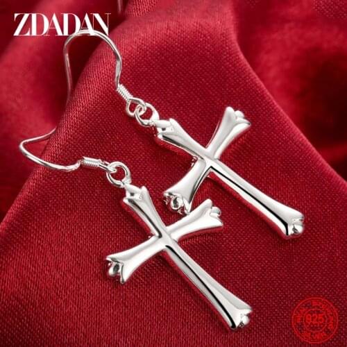 ZDADAN 925 Sterling Silver Cross Drop Earrings For Women Fashion Engagement Jewelry Party Gift