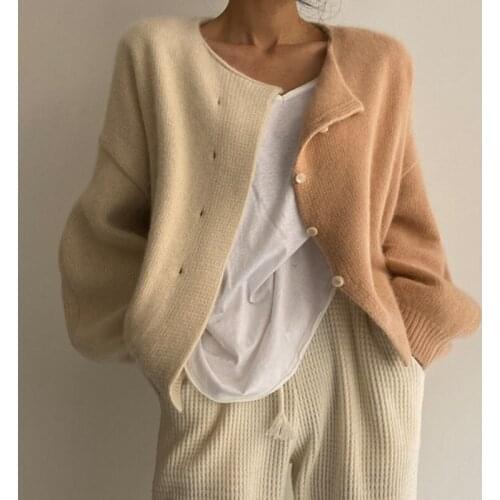 Single Breasted Patchwork Loose Sweater Coat Jacket 2021 Women Autumn Basics Full Sleeve Knitted Cardigan Outwear