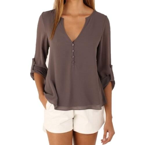 3/4 Sleeve Deep V Neck Chiffon Blouse Summer Autumn Women Casual Button Tops Solid Shirt Blusas Plus Size