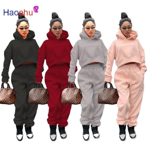 HAOOHU Women Sportswear Two Pieces Set Tracksuit Long Sleeve Pockets Hooded Sweatshirt +Skinny Pant Casual Slim Outfits