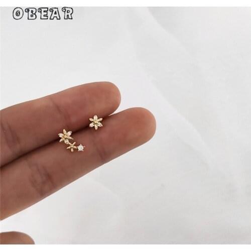 OBEAR 14K Real Gold Plated Korean Women Simple Exquisite Zircon Flower Stud Earrings Fashion Luxury Wedding Jewelry Gift