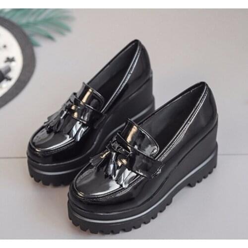 2020Women High Heels Shoes Platform Wedges Female Pumps Black PU Leather Lace Up Thick Bottom Round Toe Casual Shoes Big Size