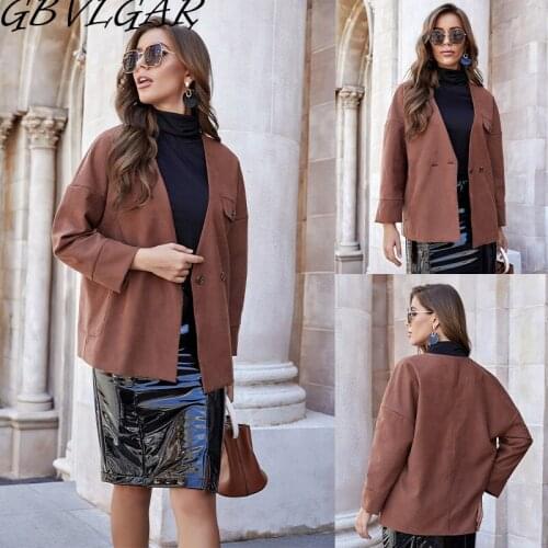 Women Cardigan Single Button Coat Solid Color Loose V-Neck Long Sleeve Jacket 2021 Autumn Office Ladies Streetwear Coat Jacket