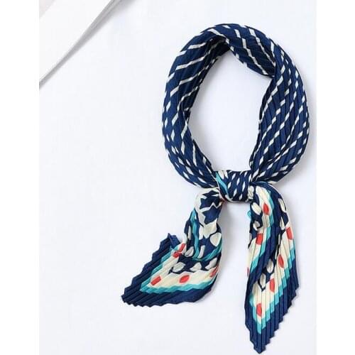 Yishine Dots Stripes Prints Women Silk Pleated Scarf Crinkle Foulard Small Neck Bandana Crumple Square Headwear New Decoration
