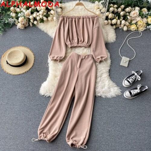 ALPHALMODA 2020 Autumn Women Pullover Cropped Sweatshirt + Pants 2pcs Casual Tracksuits Solid Color Off-shoulder Top Trouser Set