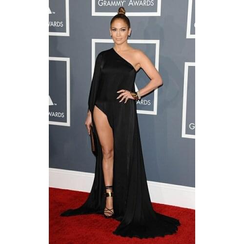 Vintage Long One Shoulder Satin Celebrity Dresses with Slit Black Floor Length Stretchy Abendkleider Robes de Soirée for Women