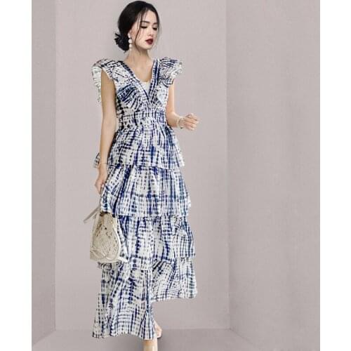 Summer Boho Printed Blue Tie-Dye Bronzing Layered Cake Dress Womens Ruffles V-Neck Sleeveless High Waist Long Dress k0234