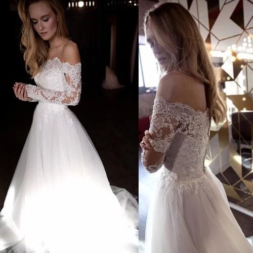 Off the Shoulder Long Sleeves Crystals Applique Wedding Dress A-line Vestido De Novia sencillos with Button Bridal Gowns