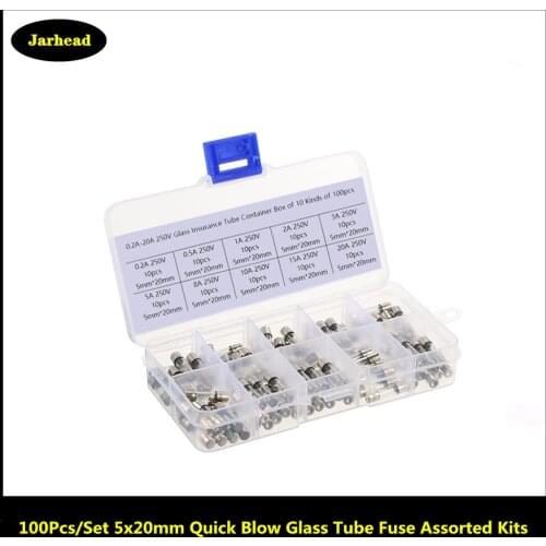 100Pcs/Set 5x20mm Quick Blow Glass Tube Fuse Assorted Kits,Fast-blow Glass Fuses 0.2A 0.5A 1A 2A 3A 5A 8A 10A 15A 20A