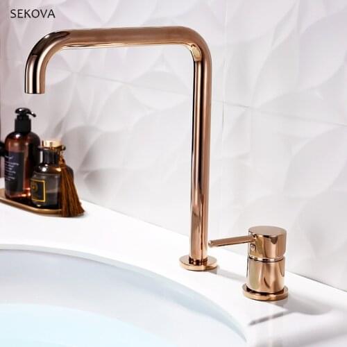 Rose Gold Widespread Basin Faucet Bathroom Cold And Hot Water Mixer Sink Tap Deck Mounted 2-Pieces