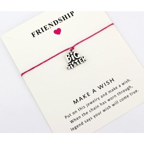 Big Little Middle Sister Card Bracelets Mom Mother Hope Best Joy Angel Peace Faith Friends Charm Jewelry Wax Cord Women Men Gift